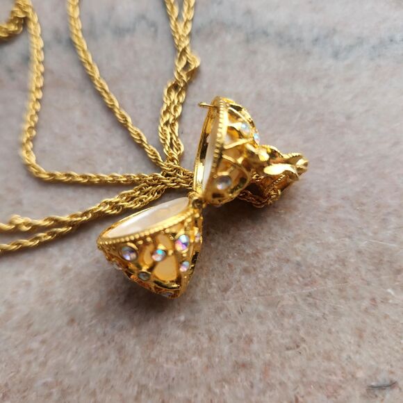 Faberge Egg Pendant Necklace Earrings Set Joan Rivers Jewelry Locket Rhinestone - Picture 9 of 12